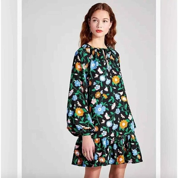 Kate Spade Garden Floral Tie Neck Shift Mini Dress Black Multicolor Womens Size - Picture 1 of 14